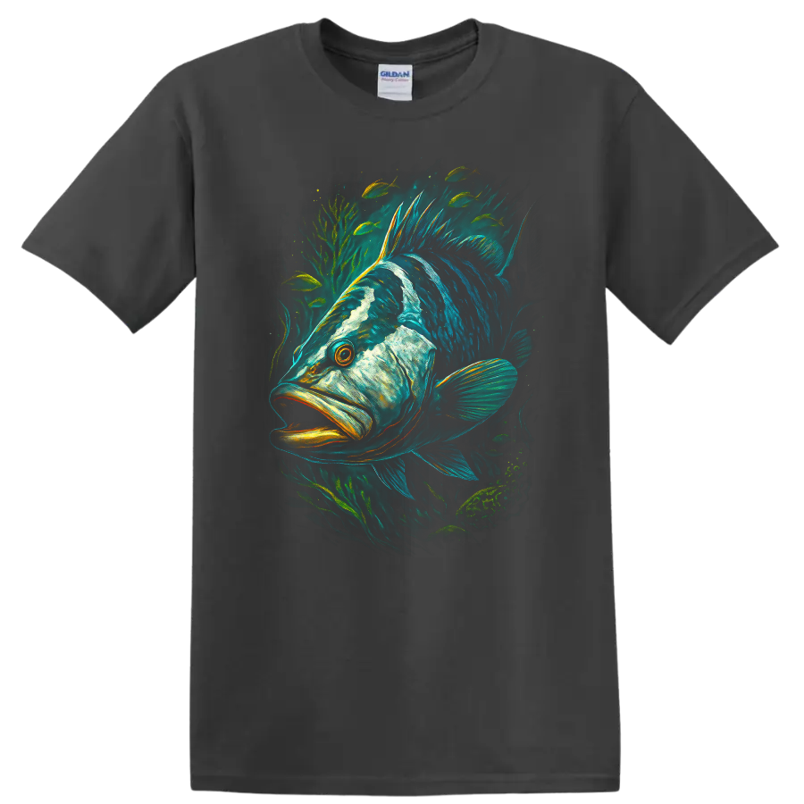 Colorful Fish Illustration T Shirt Vibrant Aquatic Wildlife Graphic - Charcoal