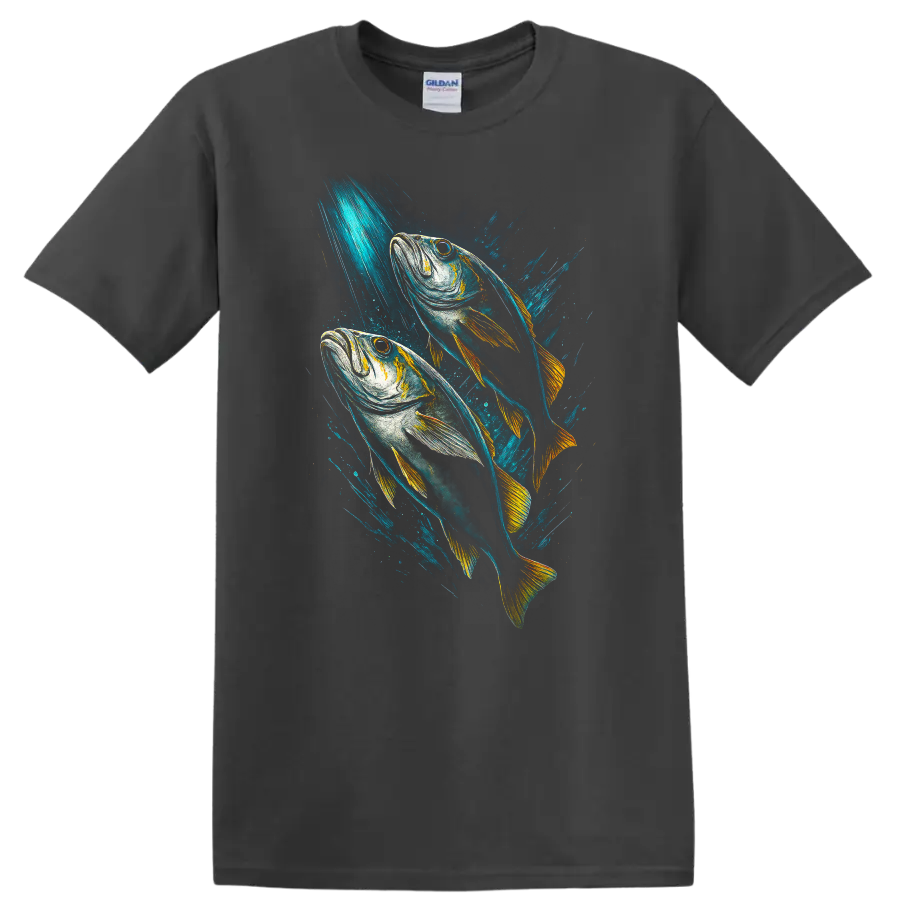 Colorful Fish Duo Splash Art T Shirt for Ocean and Angler Style - Charcoal