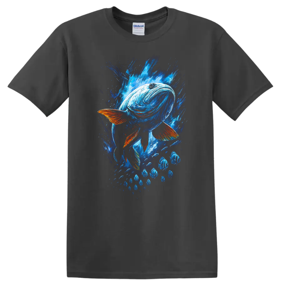 Abstract Blue Fish Splash Art T Shirt for Ocean Lovers and Anglers - Charcoal