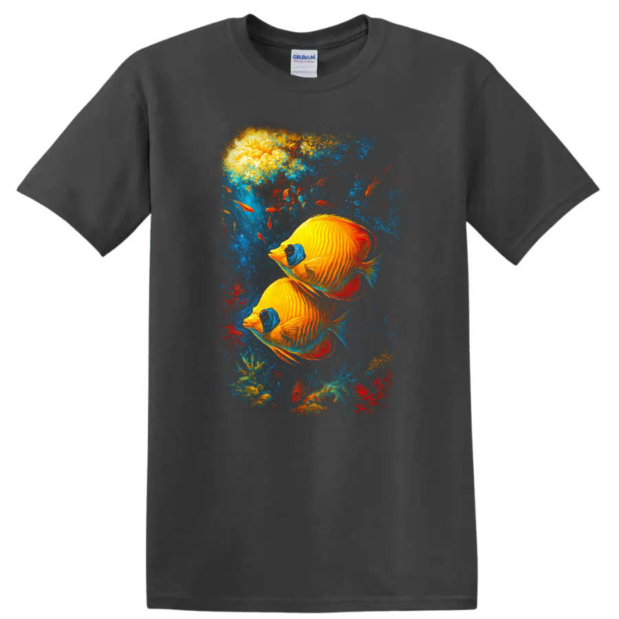 Vibrant Tropical Fish Art T Shirt Colorful Underwater Aquarium Design - Charcoal