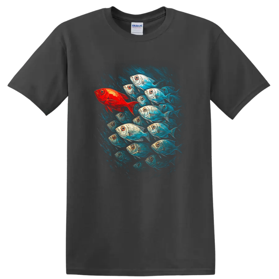 Vibrant Schooling Fish Art T Shirt Colorful Ocean Wildlife Design - Charcoal