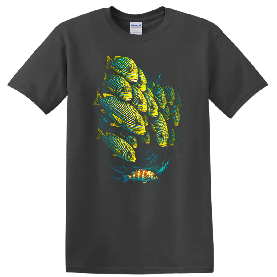 Neon Striped Fish School Ocean Art T Shirt for Marine Life Lovers - Charcoal