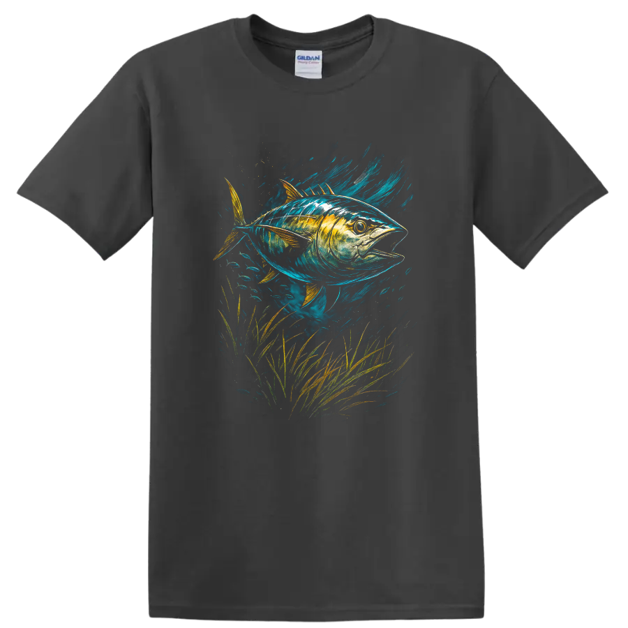 Colorful Tuna Fish Art T Shirt, Vibrant Ocean Wildlife Graphic - Charcoal