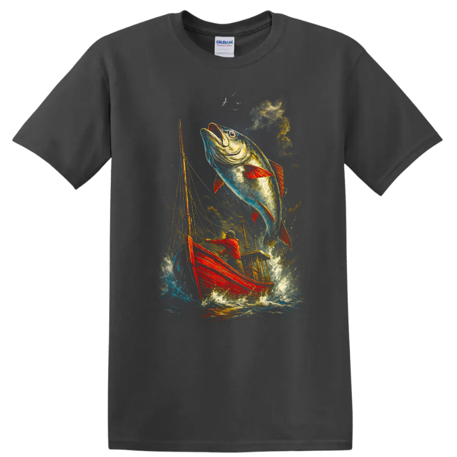 Leaping Fish Fishing Boat Art Gildan 5000 T Shirt for Anglers - Charcoal