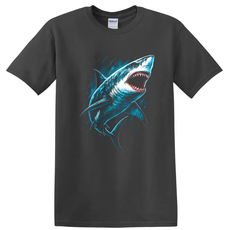 Aggressive Great White Shark Splash Art Fish T Shirt for Ocean Lovers - Charcoal