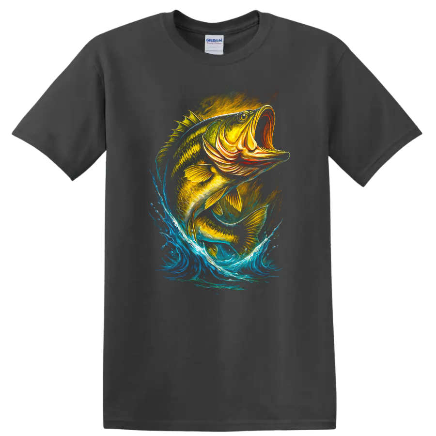 Colorful Jumping Fish Splash Art T Shirt for Anglers and Nature Lovers - Charcoal
