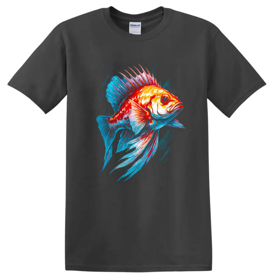 Neon Colorful Fish Art T Shirt Vibrant Ocean Creature Graphic Tee - Charcoal
