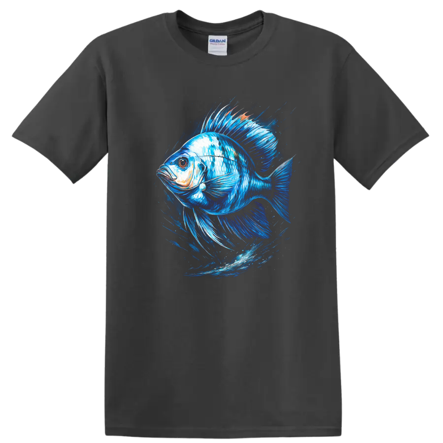 Blue Fish Splash Art T Shirt Vibrant Ocean Animal Graphic for Anglers - Charcoal