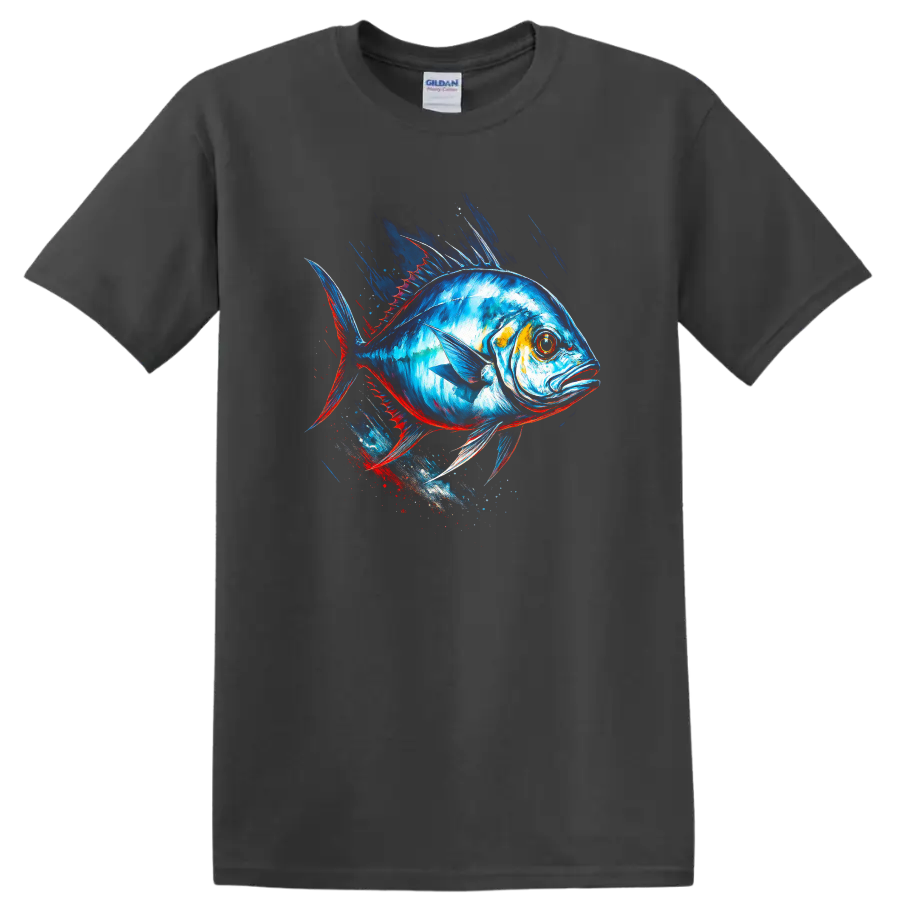 Vibrant Blue Fish Splash Art T Shirt for Anglers and Ocean Lovers - Charcoal