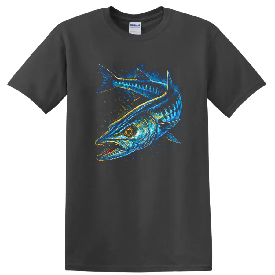 Blue Fish Art T Shirt Vibrant Ocean Wildlife Angler Graphic - Charcoal