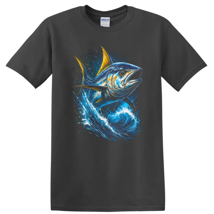 Blue Tuna Fish Splash Art T Shirt For Anglers and Ocean Lovers - Charcoal