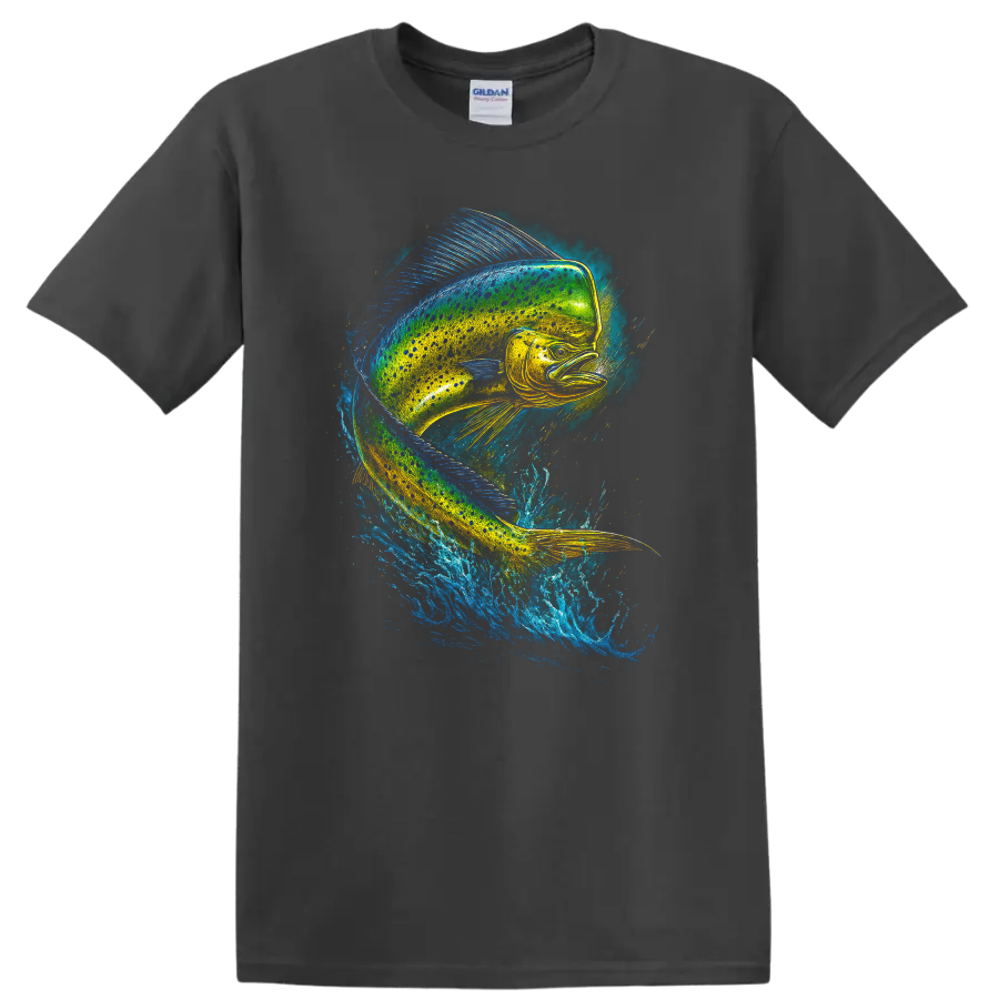Vibrant Fish Splash Art T Shirt Colorful Jumping Fish Design - Charcoal