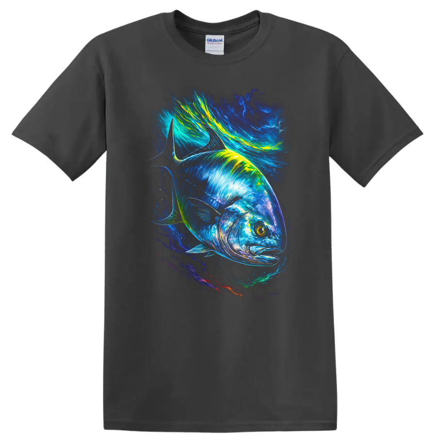 Vibrant Blue Fish Neon Ocean Art T Shirt for Anglers and Nature Lovers - Charcoal