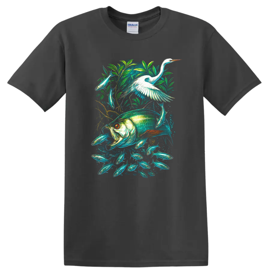 Colorful Fish and Heron Nature Aquarium T Shirt - Charcoal