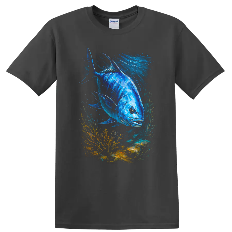 Blue Fish Underwater Art T Shirt Vibrant Ocean Life Graphic Tee - Charcoal