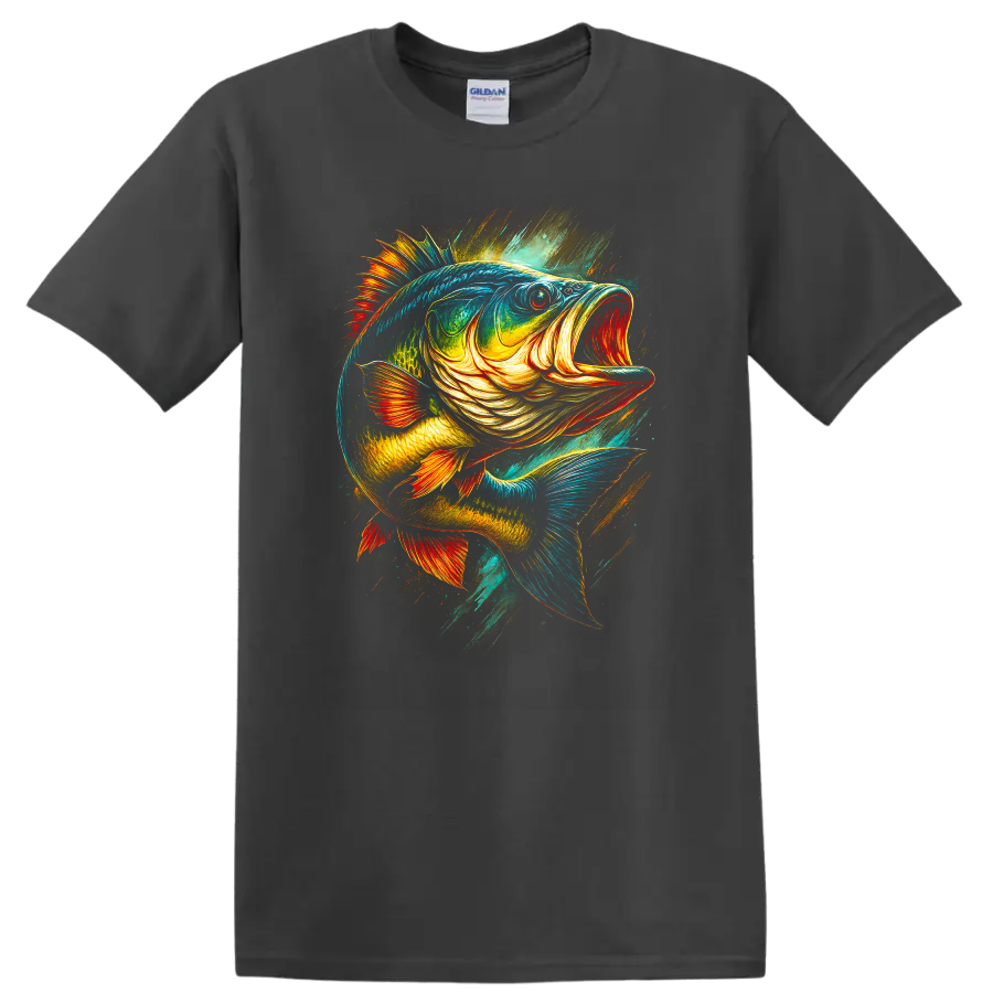 Colorful Largemouth Bass Fish Art T Shirt for Anglers and Outdoors - Charcoal