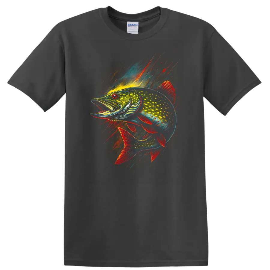 Colorful Fish Splash Art T Shirt Bold Neon Angler Fish Design - Charcoal