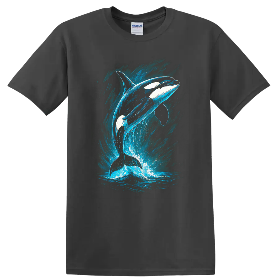Orca Whale Blue Ocean Splash Fish Art T Shirt for Nature Lovers - Charcoal