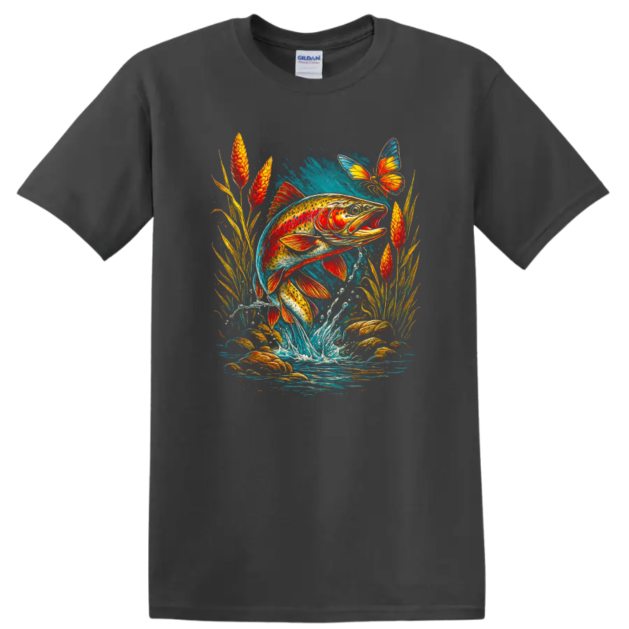Colorful Fish Jumping Water Art T Shirt with Butterfly Nature Design - Charcoal