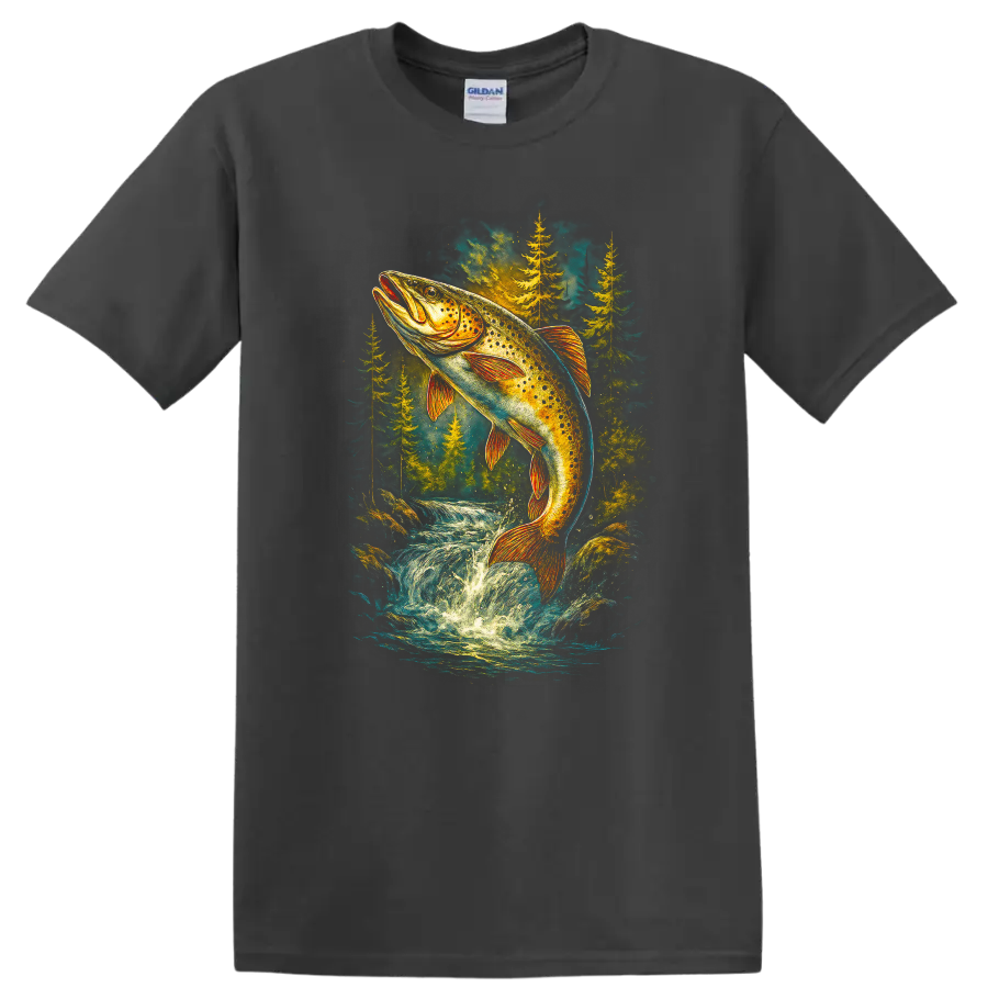 Colorful Trout Jumping River Wildlife Fishing T Shirt for Anglers - Charcoal