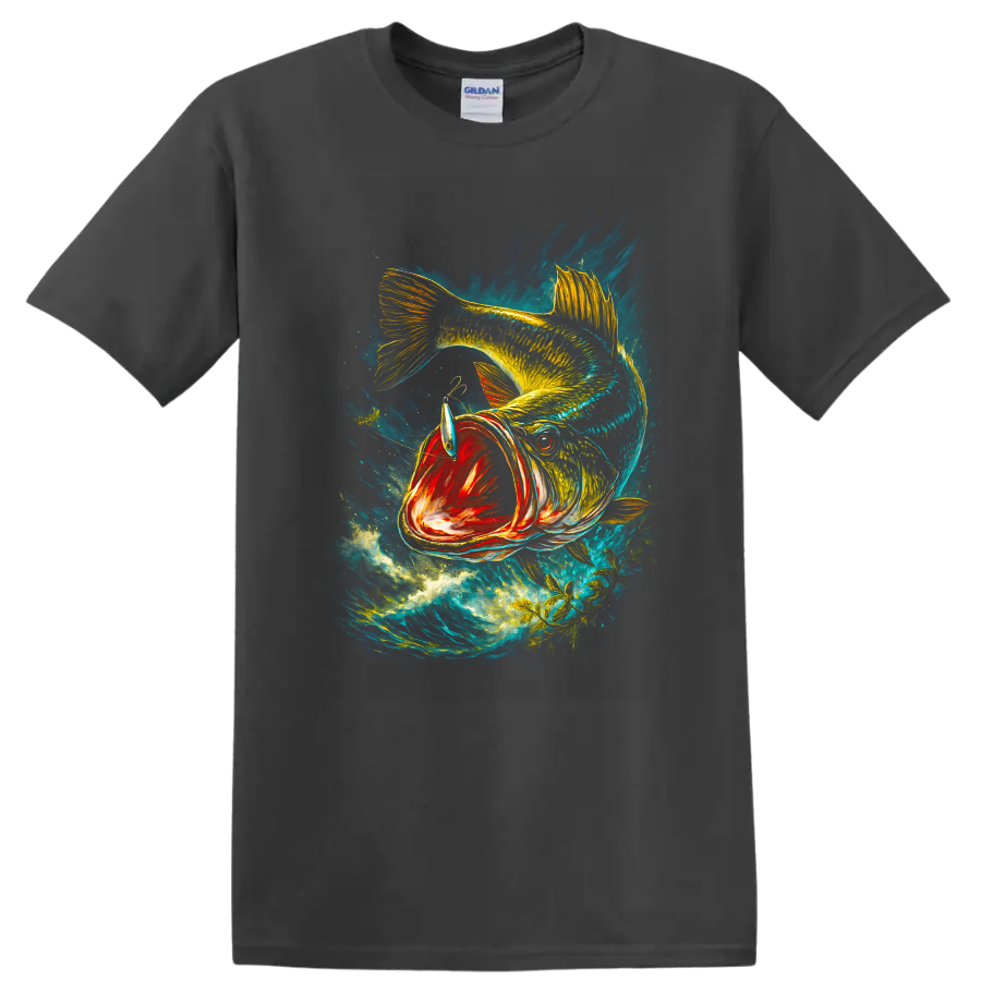Colorful Bass Fish Splash Art T Shirt for Anglers and Fishing Lovers - Charcoal