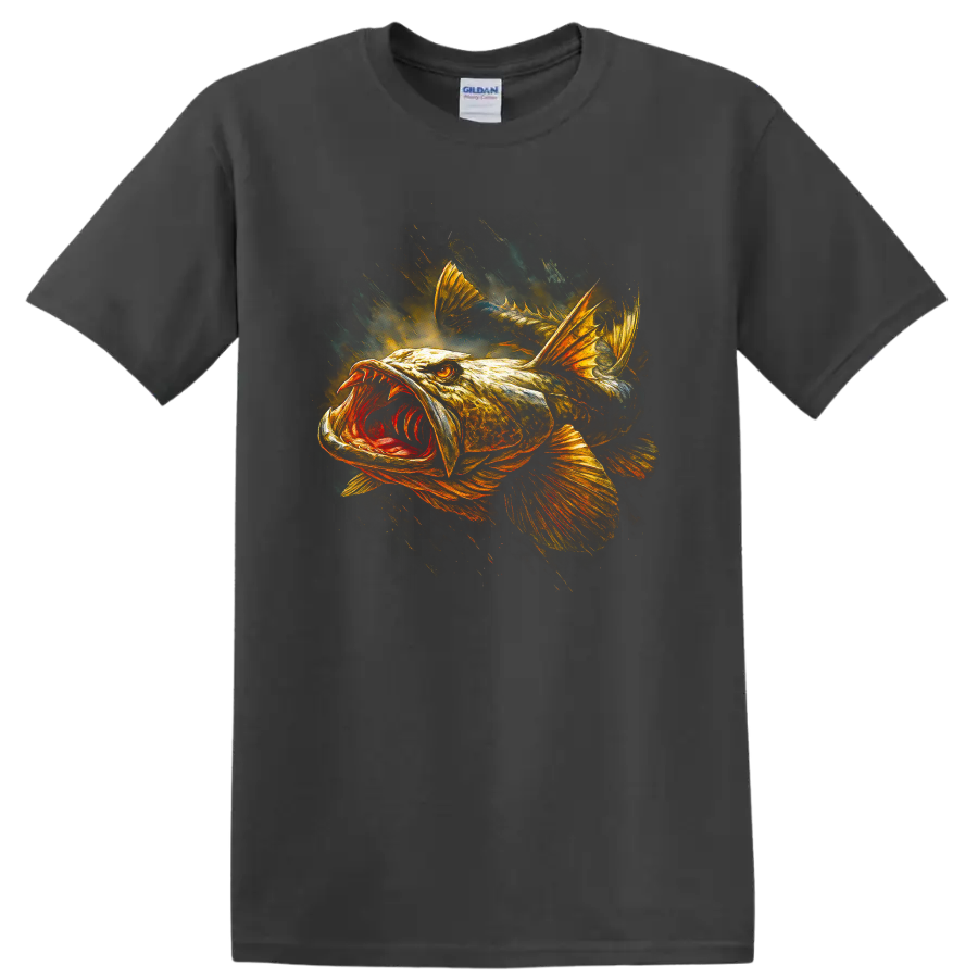 Aggressive Bass Fish Art T Shirt Bold Angler Graphic for Fishermen - Charcoal