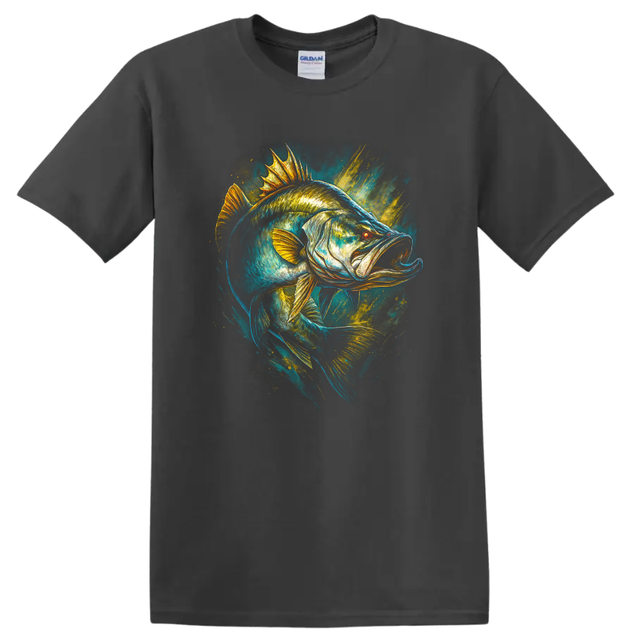 Electric Bass Fish Artwork T Shirt, Vibrant Angler Style Graphic Tee - Charcoal