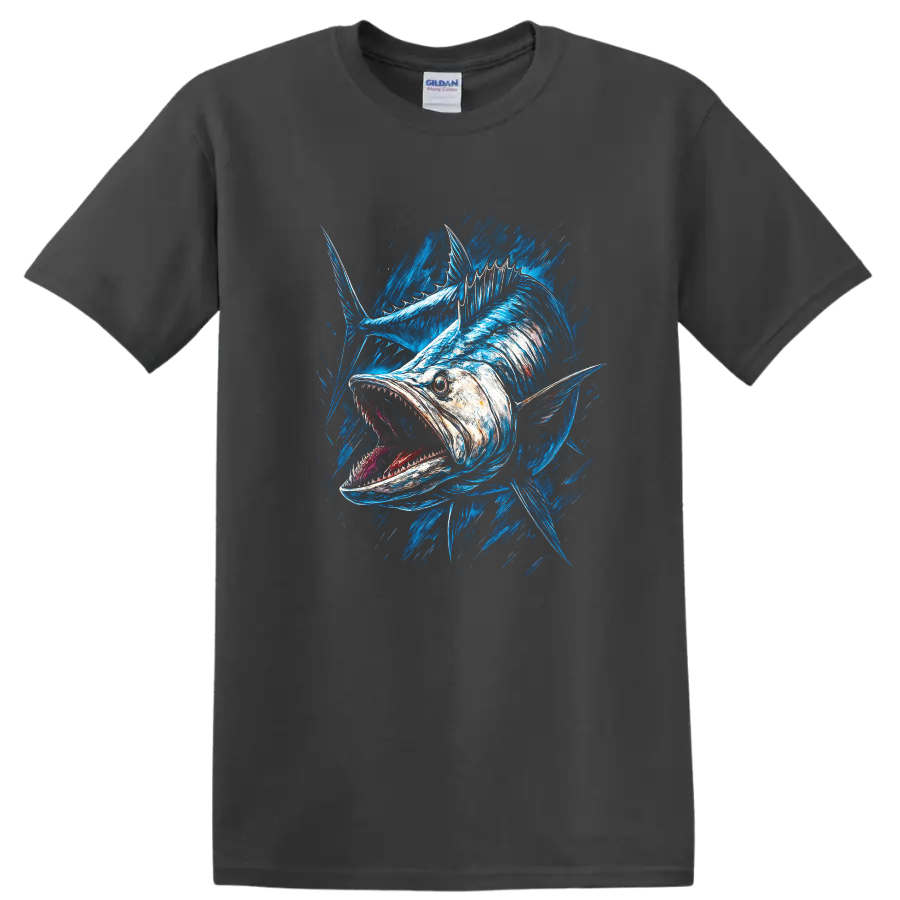 Aggressive Blue Fish Splash Art T Shirt for Anglers and Ocean Lovers - Charcoal