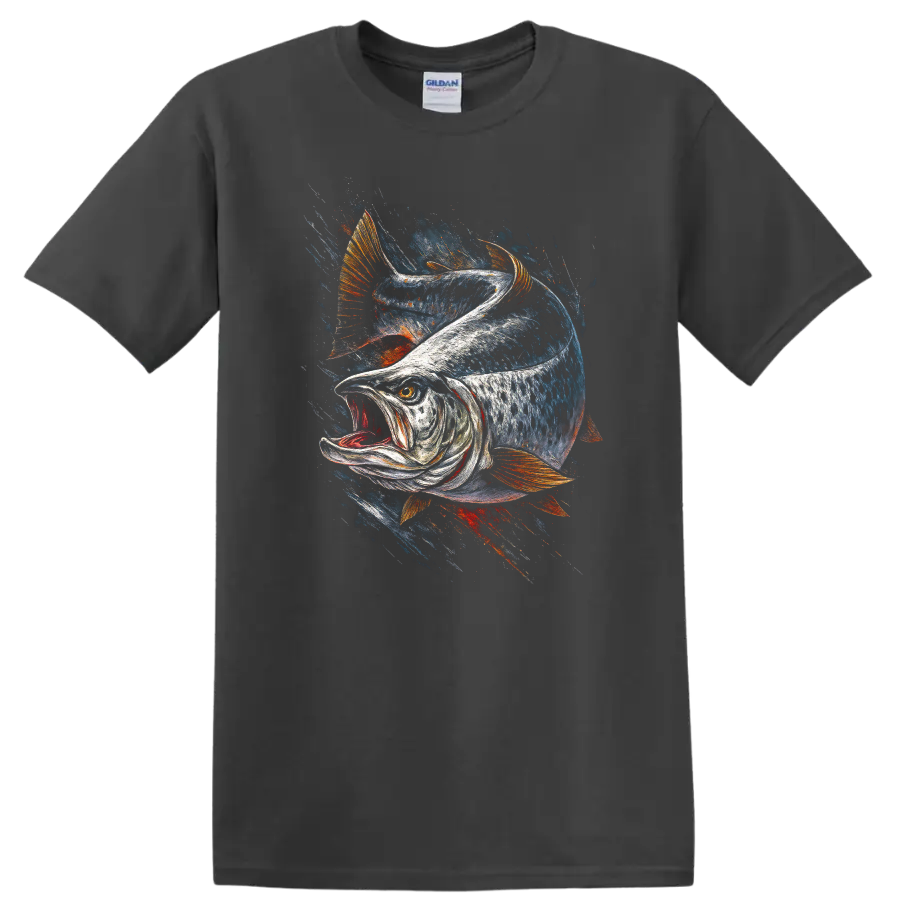 Aggressive Fish Splash Art T Shirt for Anglers and Fishing Fans - Charcoal