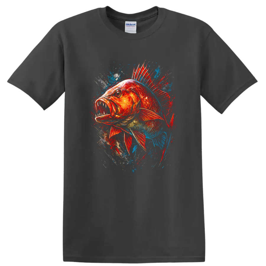 Colorful Aggressive Fish Splash Art T Shirt for Anglers and Ocean Fans - Charcoal