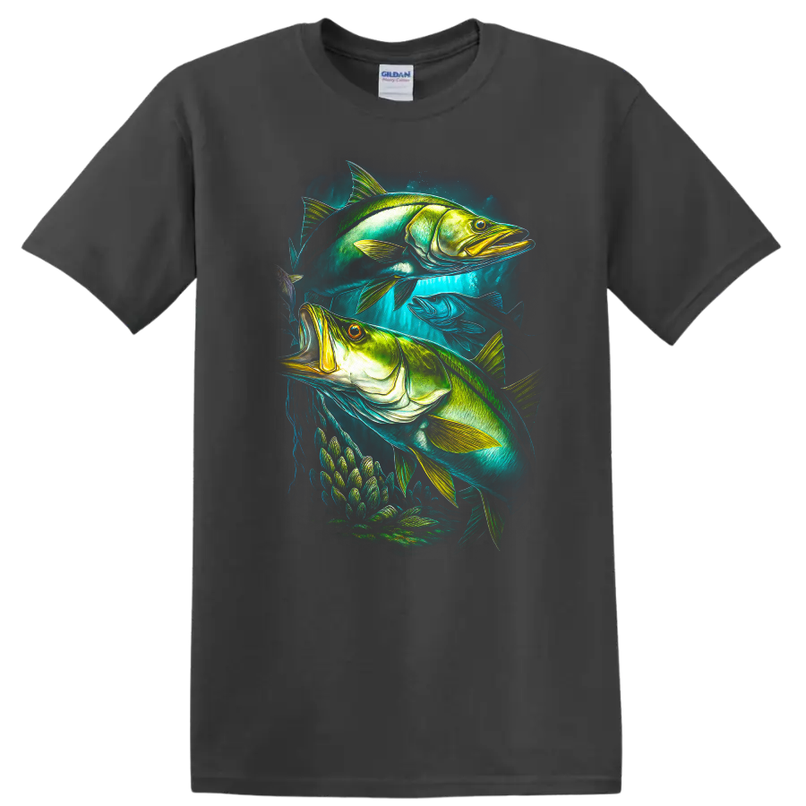 Vibrant Fish Art T Shirt Neon Underwater Fishing Graphic - Charcoal