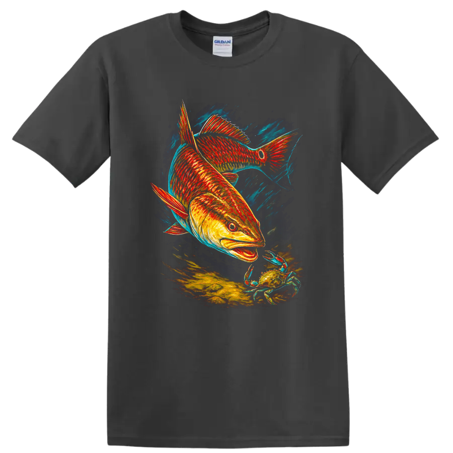 Vibrant Fish and Crab Underwater Art T Shirt for Ocean Lovers - Charcoal