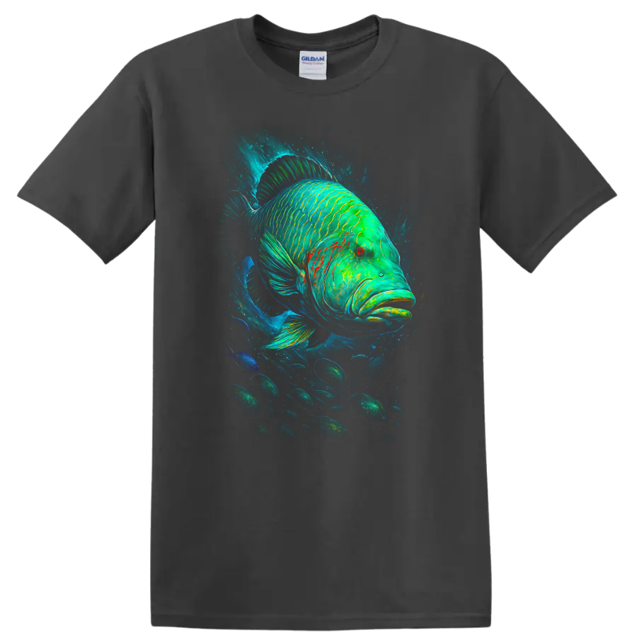 Neon Green Blue Fish Art T Shirt Deep Sea Tropical Wildlife Graphic - Charcoal
