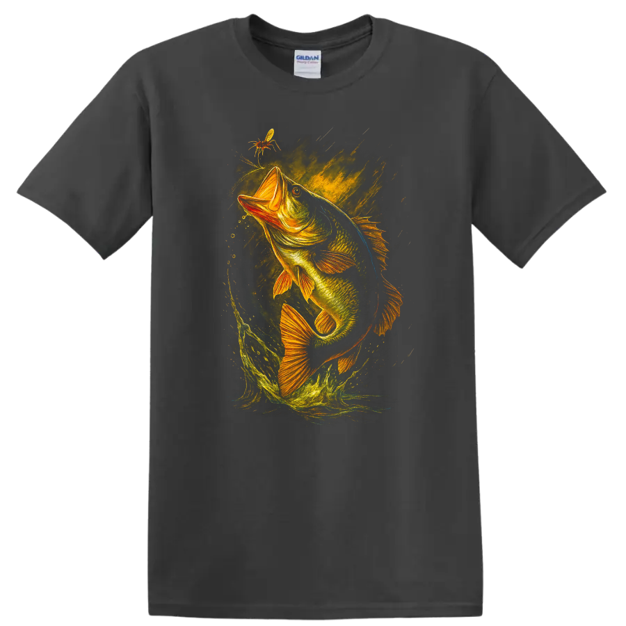 Largemouth Bass Jumping Fish Art T Shirt for Anglers and Fishermen - Charcoal