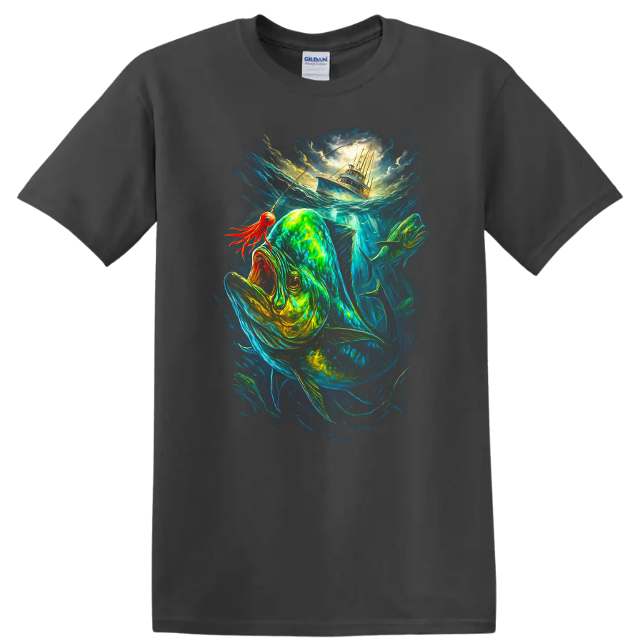 Glowing Fish and Boat Ocean Adventure T Shirt - Charcoal