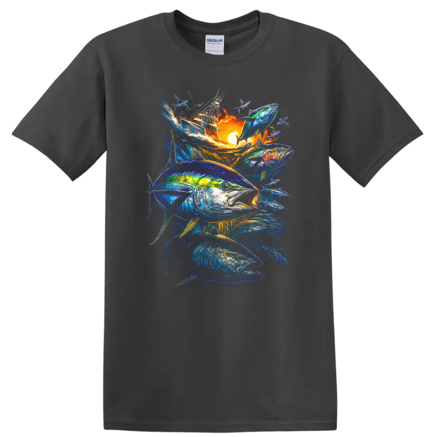 Vibrant Tuna Fishing Boat Fish Art T Shirt for Anglers and Ocean Lovers - Charcoal