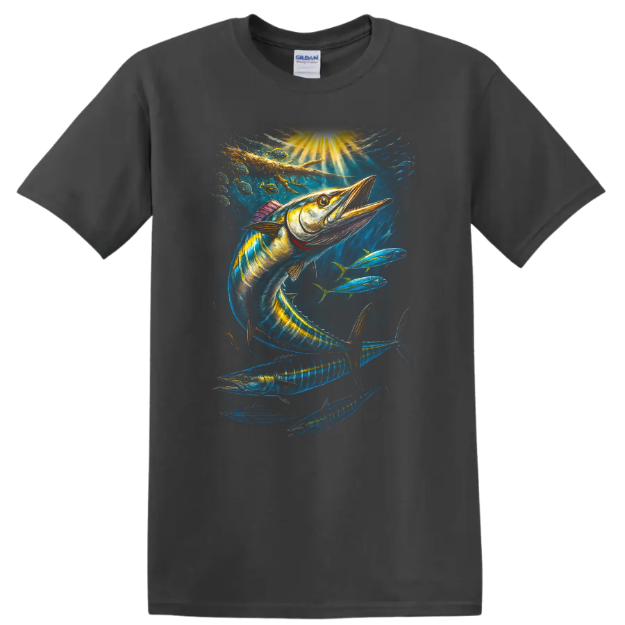 Colorful Barracuda Fish Art T Shirt Deep Sea Ocean Fishing Design - Charcoal