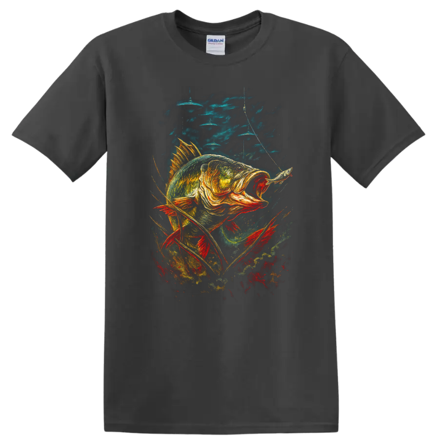 Colorful Bass Fish Angler Art T Shirt for Fishing Lovers - Charcoal