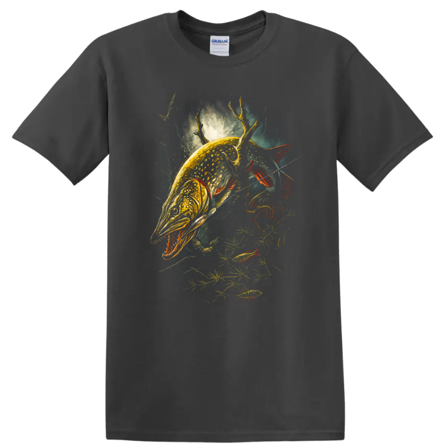 Glowing Pike Fish Hunting Art T Shirt for Anglers and Outdoorsmen - Charcoal