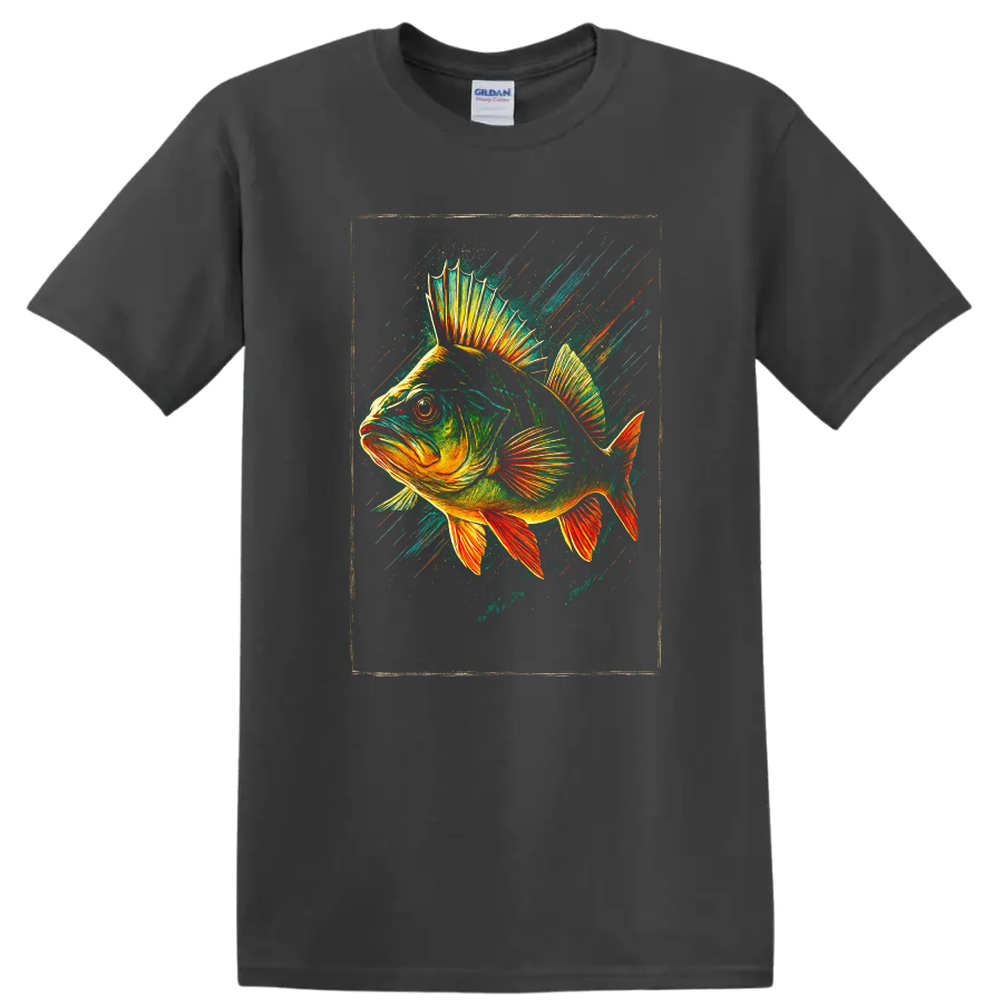 Vibrant Fish Splash Art T Shirt Colorful Neon Fish Design - Charcoal