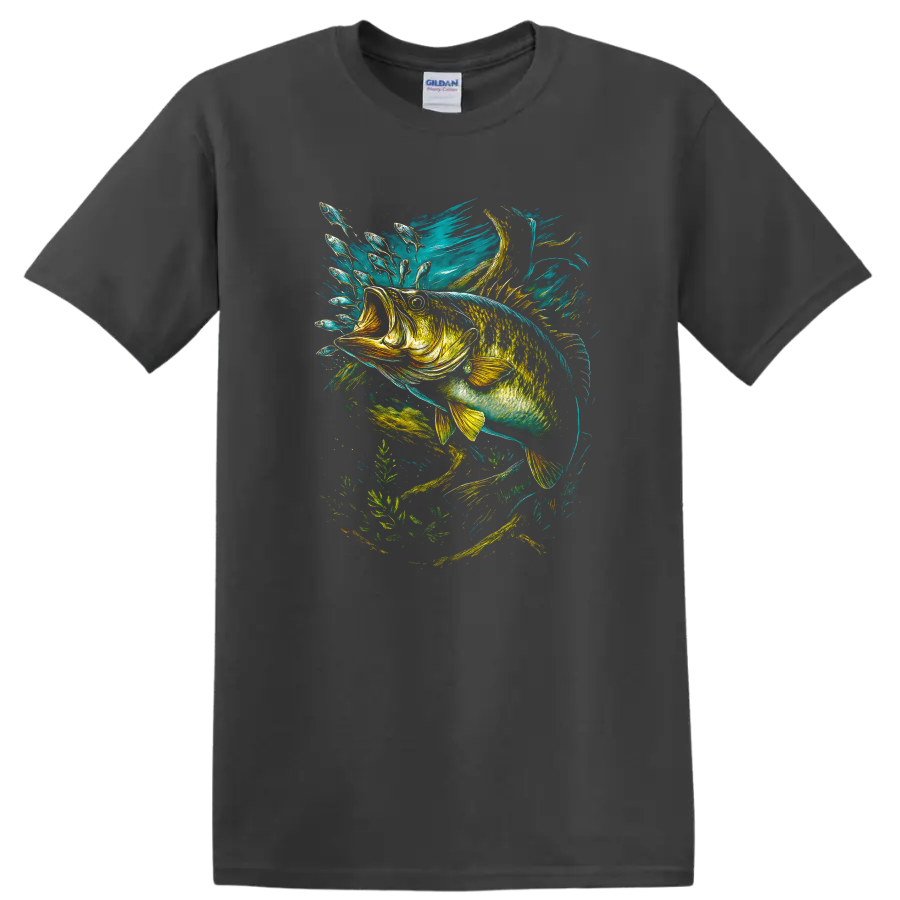 Colorful Fish Splash Art T Shirt, Vibrant Aquatic Bass Graphic - Charcoal
