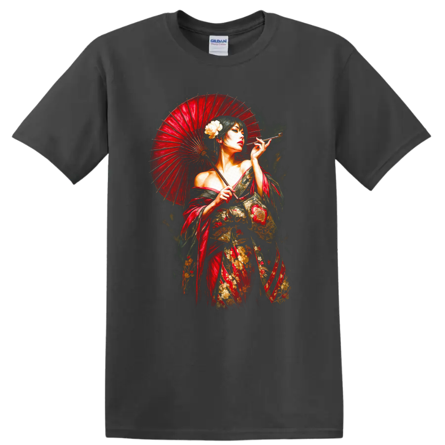 Japanese Geisha with Red Umbrella T Shirt Elegant Floral Art - Charcoal