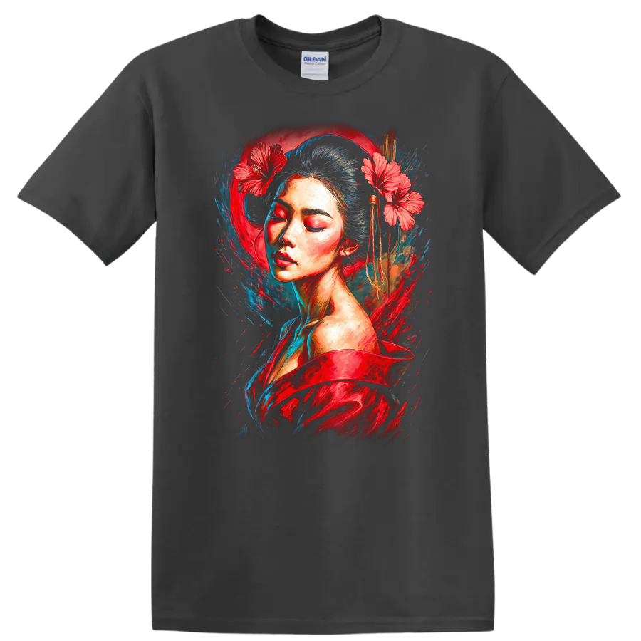 Japanese Style Painted Woman T Shirt with Red Flowers and Blue Brush Art - Charcoal