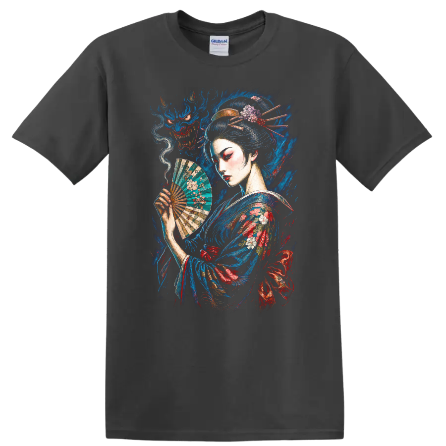 Japanese Geisha with Fan and Dragon Art T Shirt - Charcoal