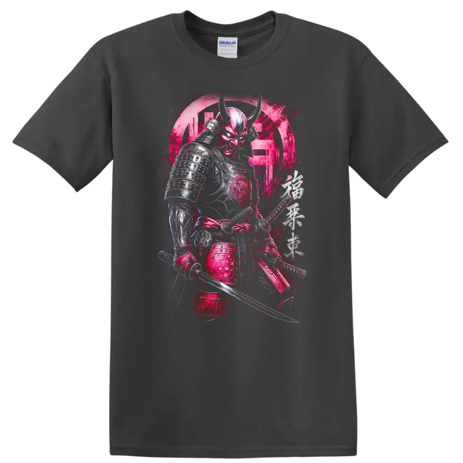 Japanese Style Samurai Oni Warrior T Shirt Bold Neon Pink Armor - Charcoal