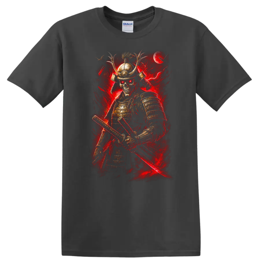 Japanese Samurai Skeleton Warrior T Shirt Red Armor Katana Art - Charcoal