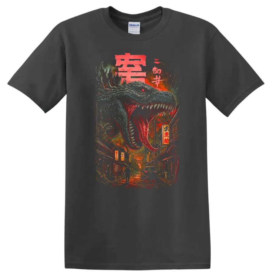 Japanese Style Dragon Monster T Shirt Fierce Anime Street Art Design - Charcoal