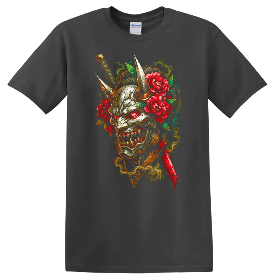 Japanese Oni Demon Mask with Horns and Peonies T Shirt - Charcoal