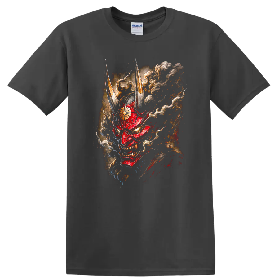 Japanese Oni Mask Red Demon T Shirt with Horns and Smoke - Charcoal