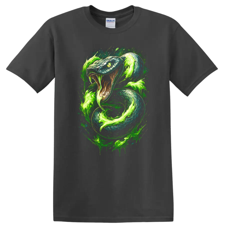 Japanese Style Neon Green Snake Art T Shirt for Bold Streetwear - Charcoal